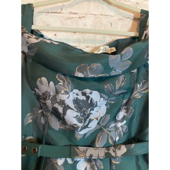 Eliza J Dress Womens 12 Petite‎ Forest Green Floral Gold Glitter Belted Party - Picture 8 of 16